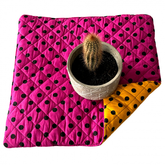 Coussin d'assise 40x40x2cm Pois Noir sur Amarante et Jaune