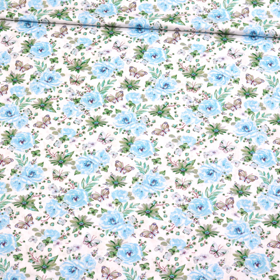 Dekorační dětská bavlněná látka vzor kytičky malé Růže modré na bílém