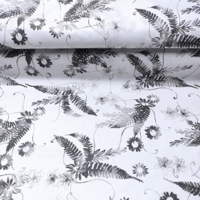 Tissu en coton au mètre, 125 g/m², largeur 160 cm, imprimé à fleurs noires sur fond blanc
