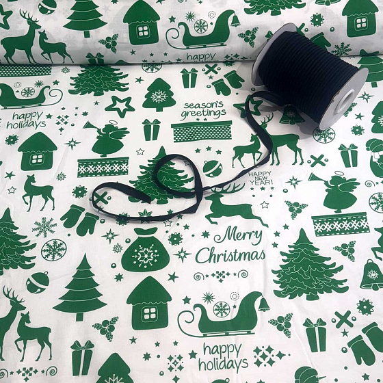 Vánoční bavlněná látka, metráž, šíře 160 cm, Vánoční MIX Zelený na Bílém