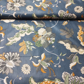 Tissu en coton au mètre, 125 g/m², largeur 160 cm, imprimé à pivoine jaune sur fond bleu