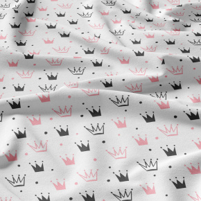 Tissu coton au mètre, 125 g/m², largeur 160 cm, imprimé Couronnes rose et blanche Tissu coton au mètre, 125 g/m², largeur 160 cm, imprimé Couronnes rose et blanche