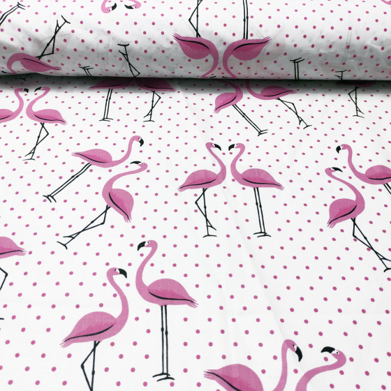 Tissu coton au métre imprimé Flamant et pois Rose