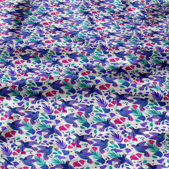 Tissu coton au métre imprimé Oiseaux Printemps couleur blanche