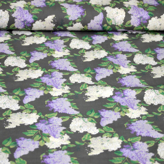 Dekorační dětská bavlněná látka vzor Větve šeříká šedé  na šedém