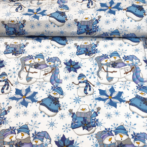 Tissus en coton de Noël au mètre, motif Bonhomme de Neige Bleu sur blanche, 160 cm